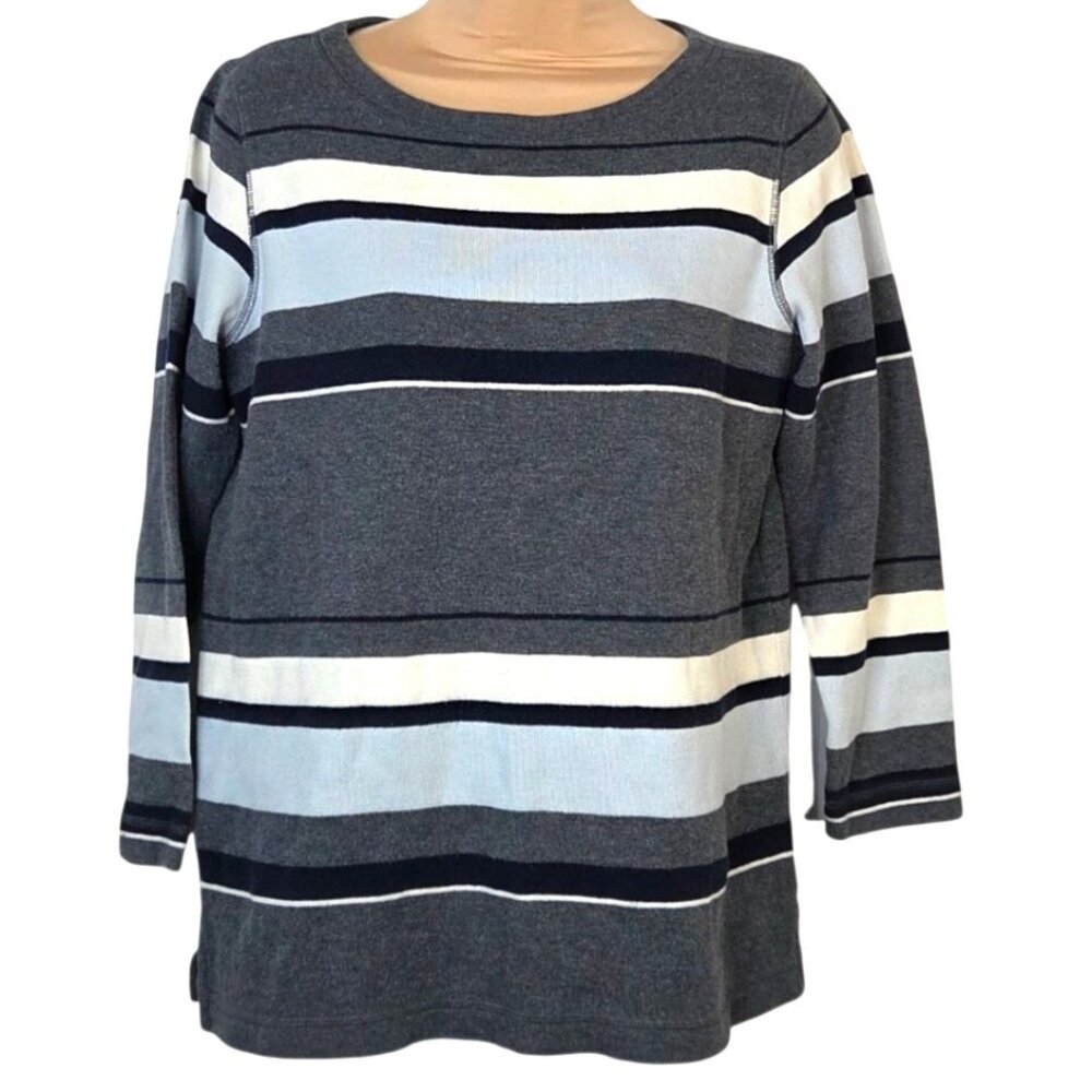 Liz Claiborne Liz & Co. Petite Gray Blue Striped Cotton 3/4 Sleeve Top P